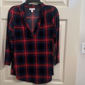 Charter Club Red and Blue Plaid V-Neck Blouse